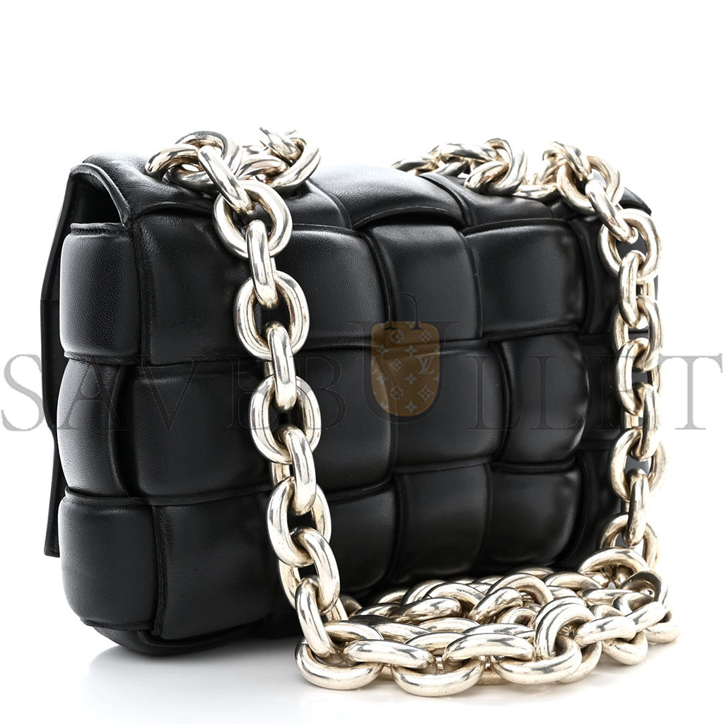 BOTTEGA VENETA LAMBSKIN MAXI INTRECCIO PADDED CHAIN CASSETTE CROSSBODY BAG BLACK  (27*19*7cm)