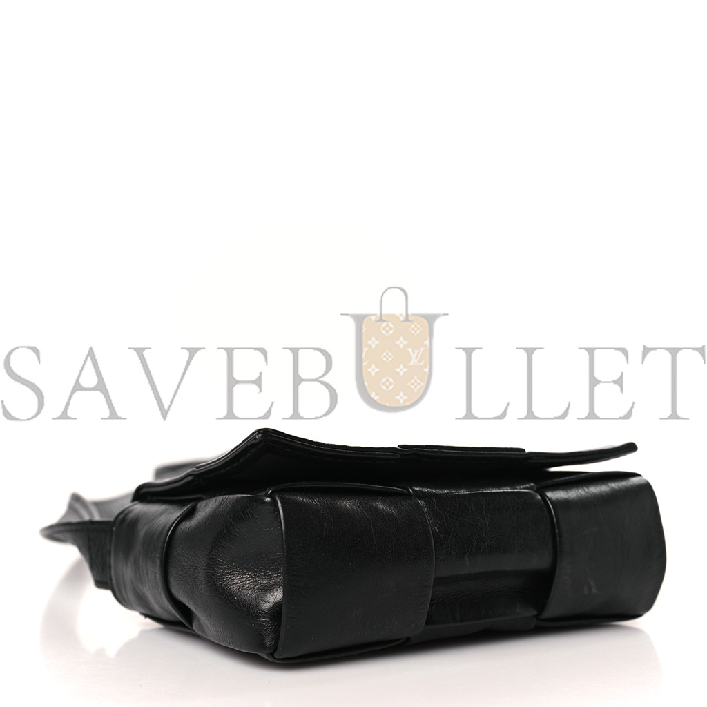 BOTTEGA VENETA PAPER CALFSKIN MAXI INTRECCIO EXTRA MINI CASSETTE CROSSBODY BAG BLACK (13*9*5cm)