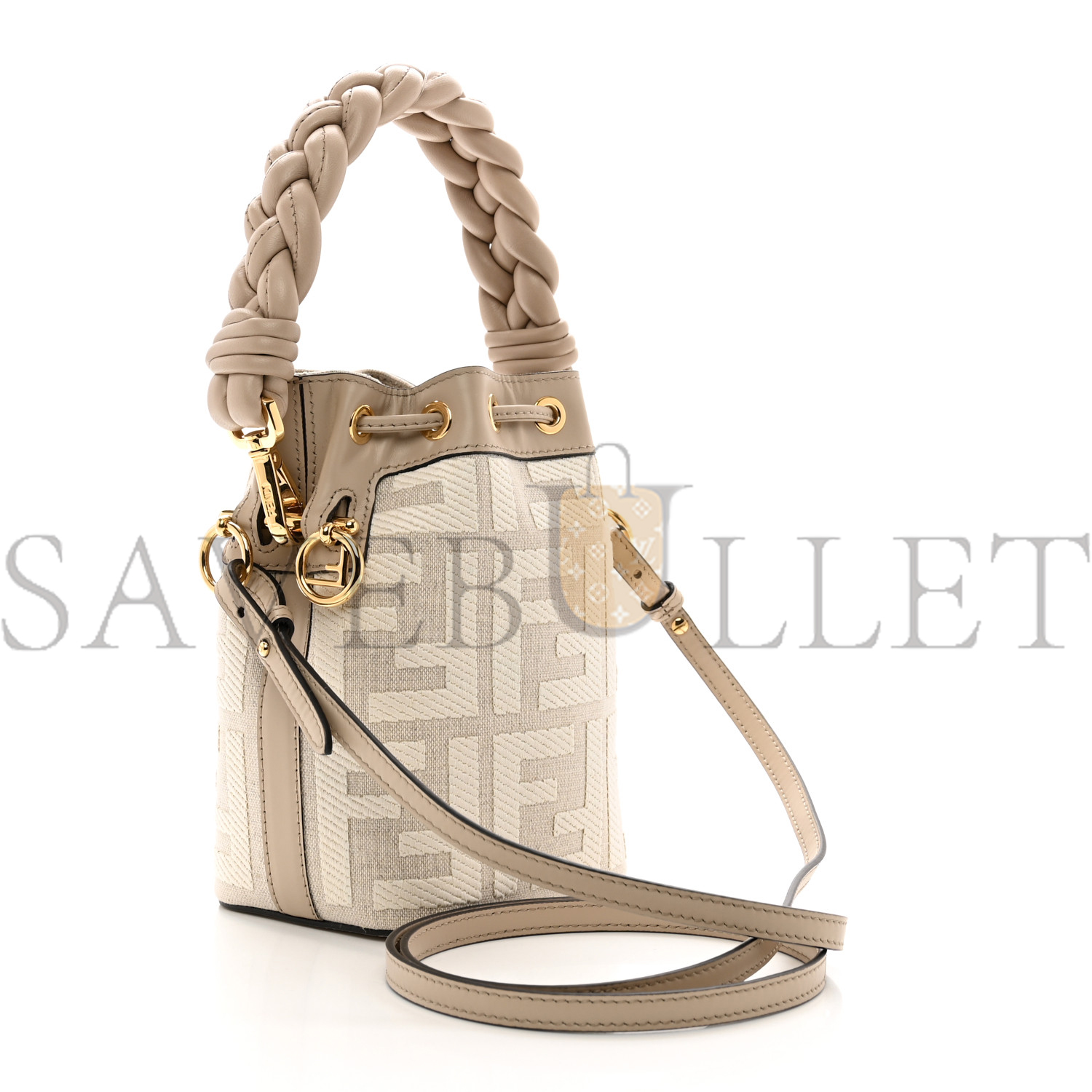 FENDI CANVAS NAPPA F IS FENDI FF EMBROIDERED MINI MON TRESOR BUCKET BAG GREZZO WHITE NUVOLA (18*12*10cm)