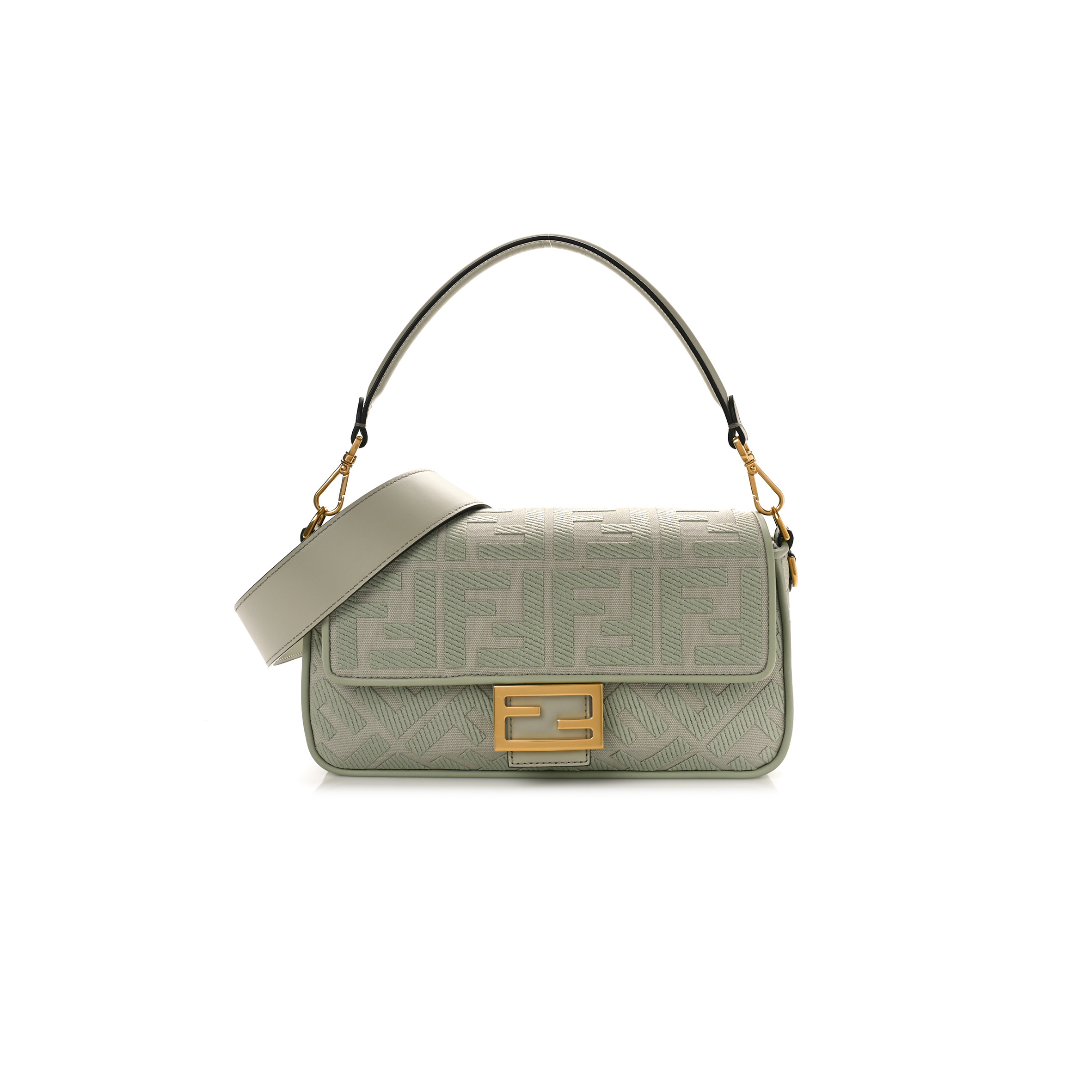 FENDI CANVAS VITELLO KING FF EMBROIDERED BAGUETTE GREEN TEA (29*18*8cm)