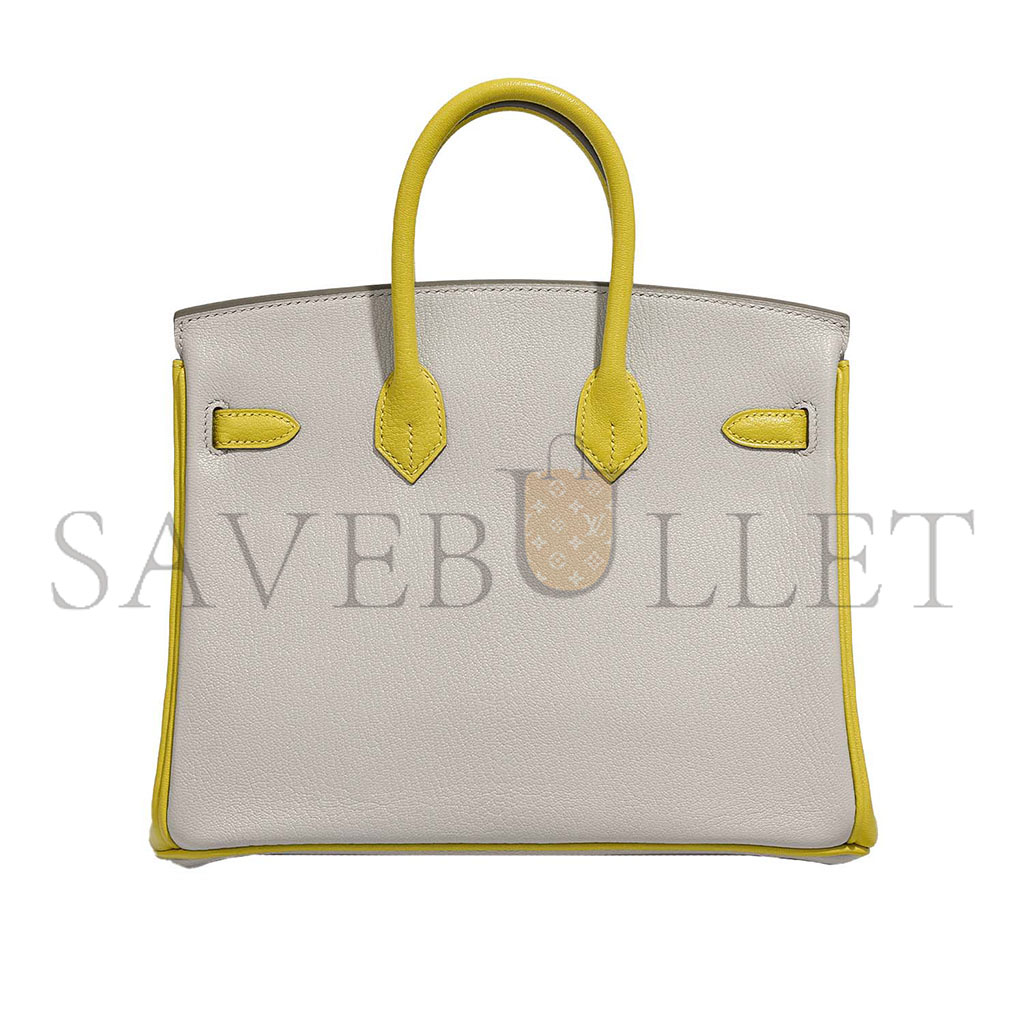 HERMÈS MASTER BIRKIN 25 SWIFT LEATHER PEARL GREY LEMON YELLOW SILVER BUCKLE BAG 3237 (25*20*13cm)