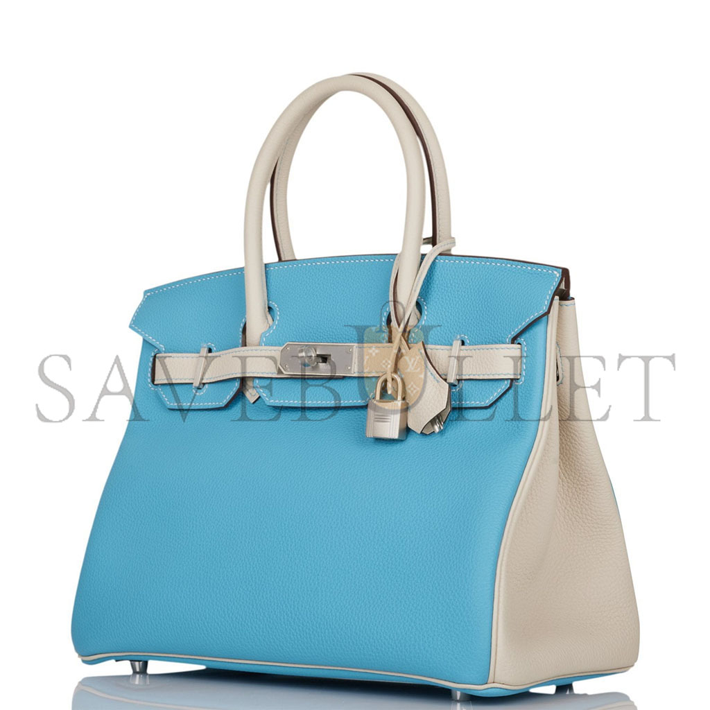 HERMES MASTER BIRKIN 25 TOGO LEATHER NORTHERN BLUE AND MILKSHAKE WHITE SILVER BUCKLE HANDBAG 2161400178398 (25*20*13cm)