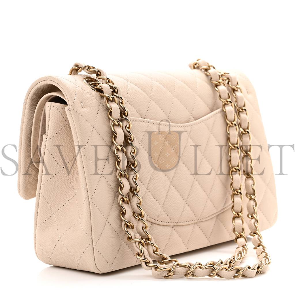 CHANEL CAVIAR QUILTED MEDIUM DOUBLE FLAP LIGHT BEIGE GOLD HARDWARE (25*15*6cm)