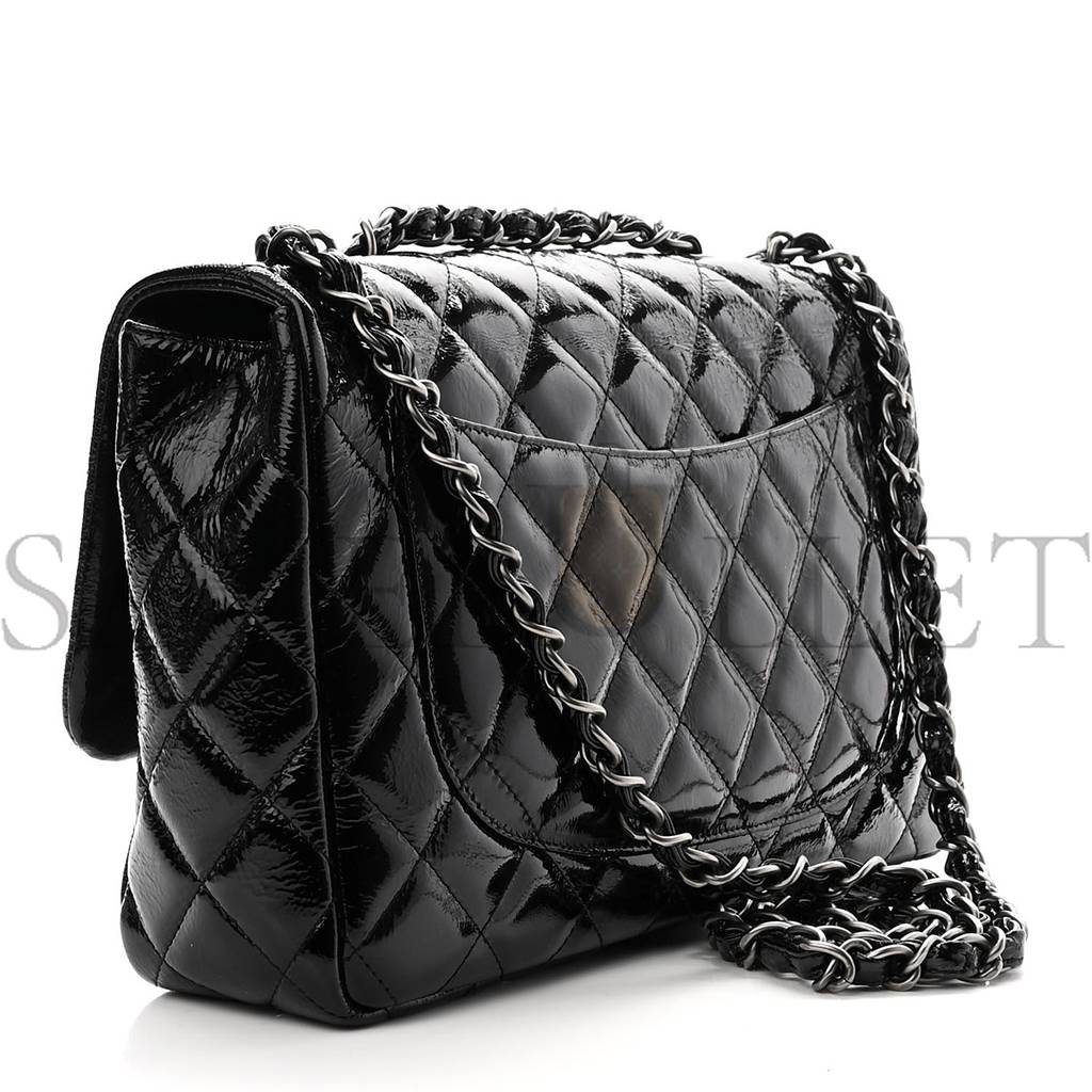 CHANEL CRINKLED PATENT QUILTED JUMBO SINGLE FLAP BLACK SILVER HARDWARE (30*18*8cm)