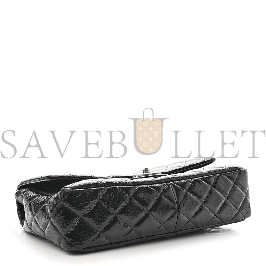 CHANEL CRINKLED PATENT QUILTED JUMBO SINGLE FLAP BLACK SILVER HARDWARE (30*18*8cm)