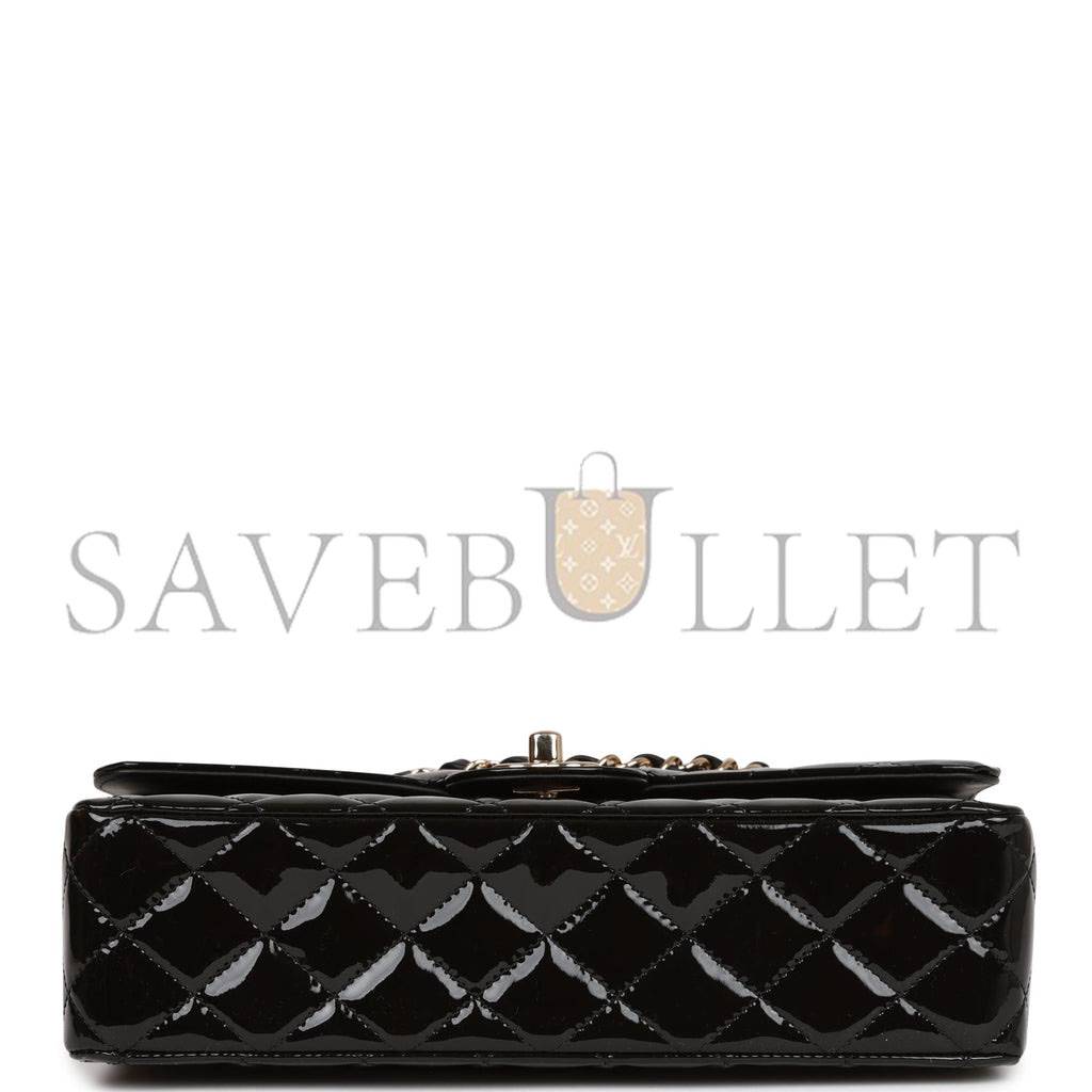 CHANEL MEDIUM CLASSIC DOUBLE FLAP BAG BLACK PATENT LIGHT GOLD HARDWARE (25*15*7cm)