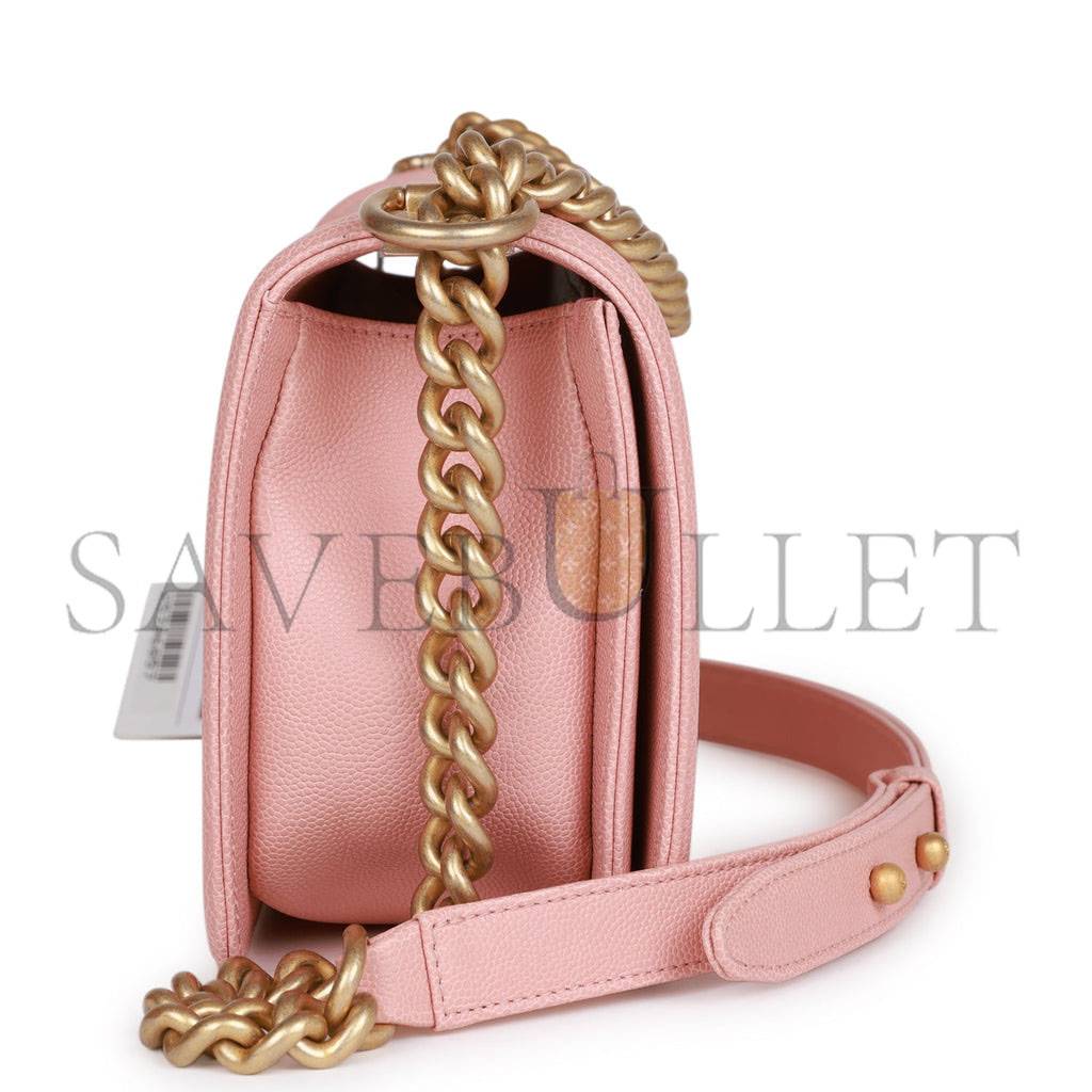 CHANEL MEDIUM BOY BAG PINK CAVIAR ANTIQUE GOLD HARDWARE (25*15*9cm)