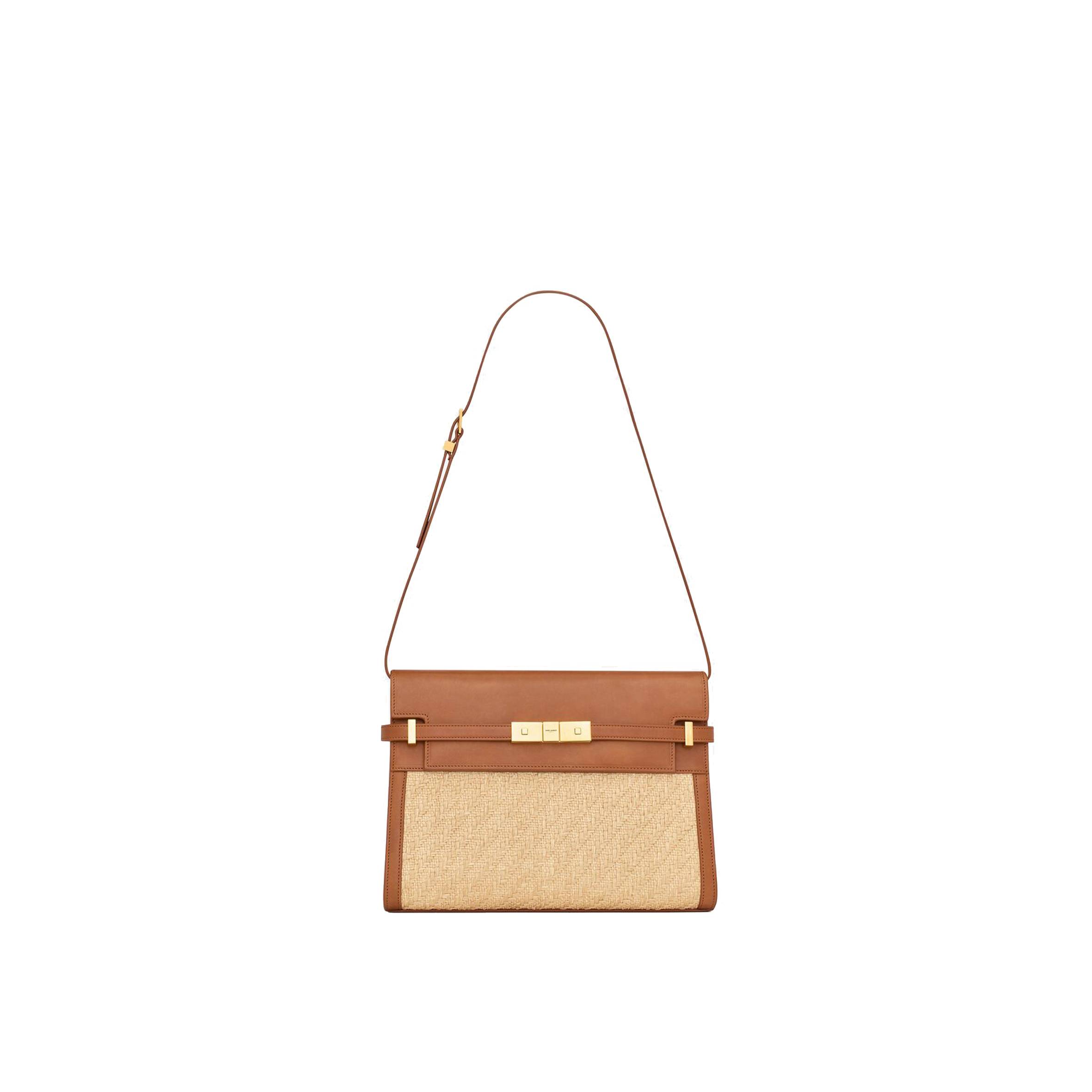 YSL MANHATTAN SHOULDER BAG IN RAFFIA AND VEGETABLE-TANNED LEATHER 579271FAA7D9783 (29*20*7.5cm)