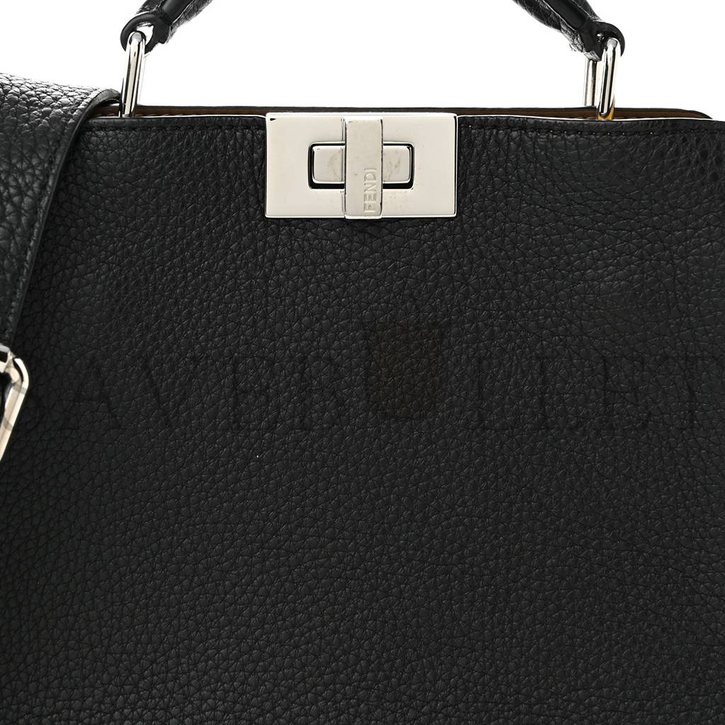 FENDI CUOIO ROMANO VITELLO GRACE LIGHT GLAZED FABRIC BI-COLOR FF 1974 MINI PEEKABOO I SEE U SATCHEL BLACK (25*20*9cm)